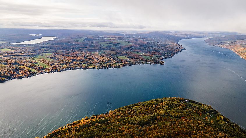 Aerial view of Keuka Lake in fall.