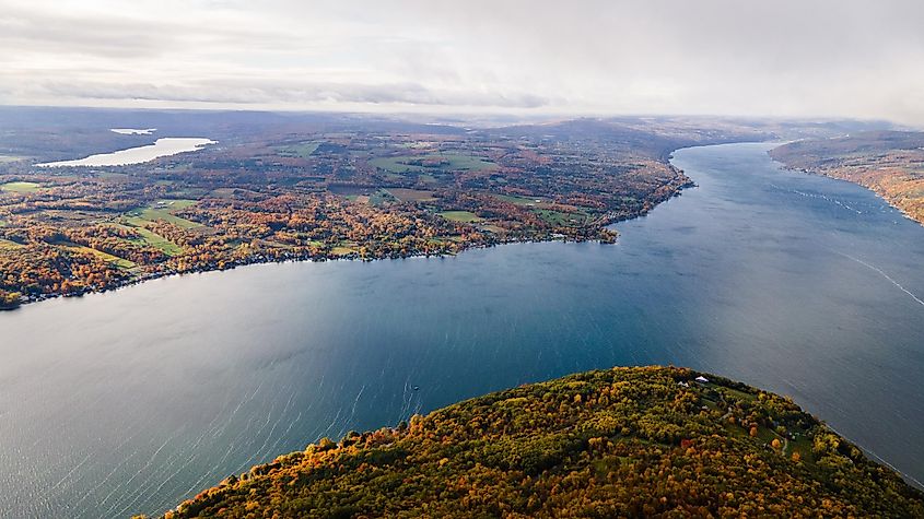 Aerial view of Keuka Lake in fall.