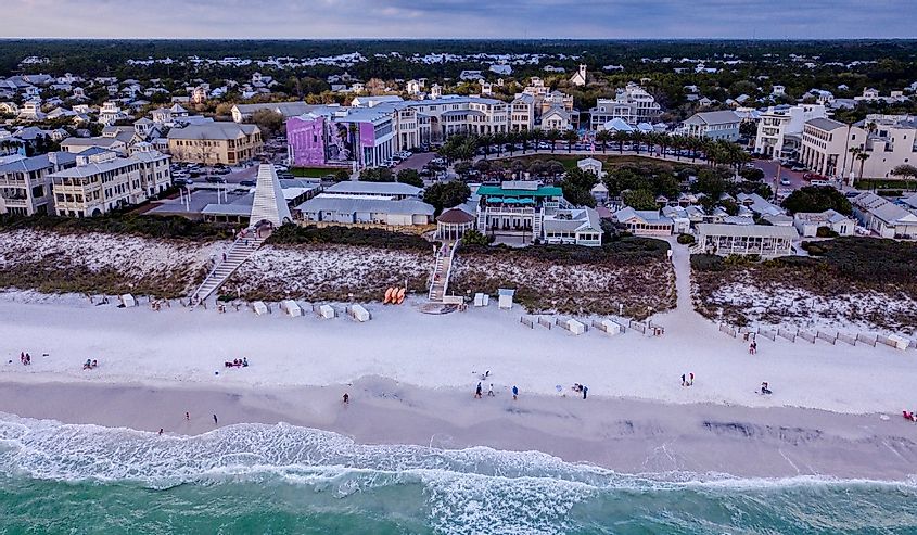 A Late-Afternoon Aerial View of Picturesque Seaside, Florida from the Gulf of Mexico