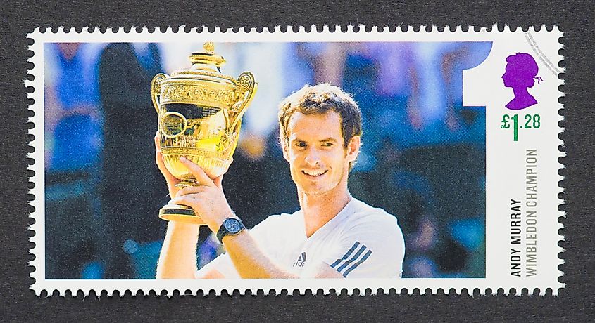 A postage stamp printed in United Kingdom to commemorate Andy Murray victory in Wimbledon 2013 the first british man player to win the tournament since 1936. Editorial credit: catwalker / Shutterstock.com
