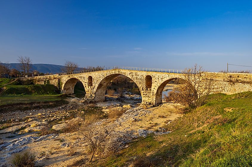 Pont Julien, roman stone arch bridge over Calavon river, Provence, France.