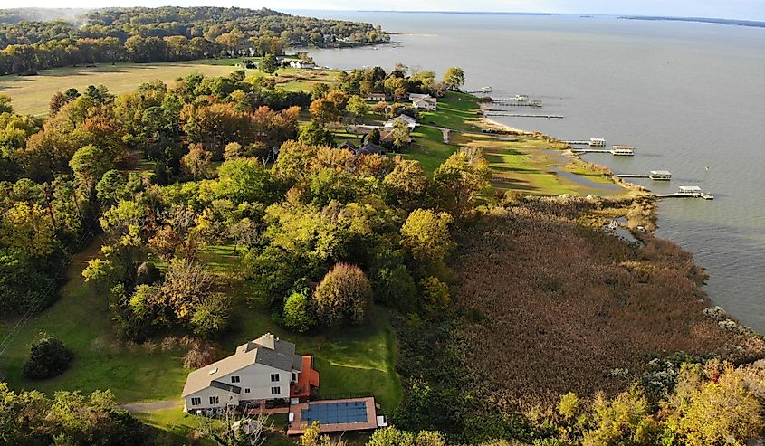 The aerial view of the neighborhood near Currioman Bay, Montross, Virginia, U.S.A