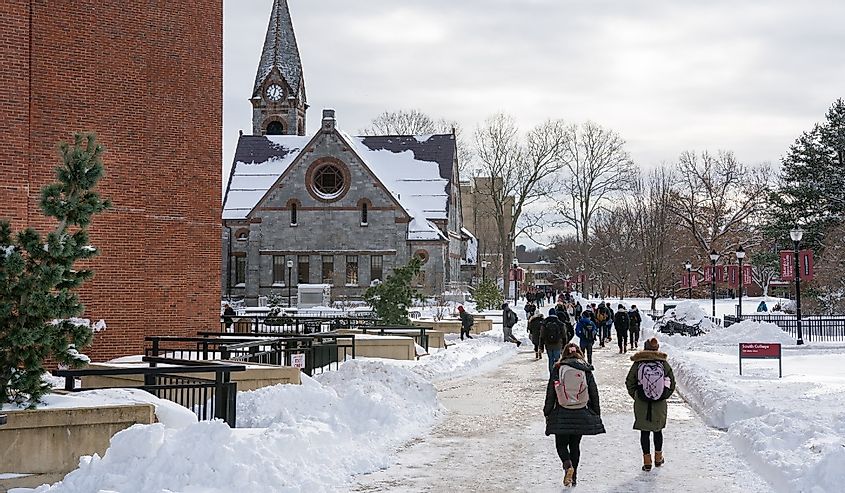 Students walking in the campus of University of Massachusetts