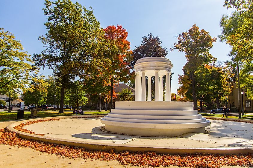 Brooks Fountain in downtown Marshall, Michigan, USA. Unveiled in 1930, it is a Greek Revival-style replica of Marie Antoinette's Temple of Love in Versailles.
