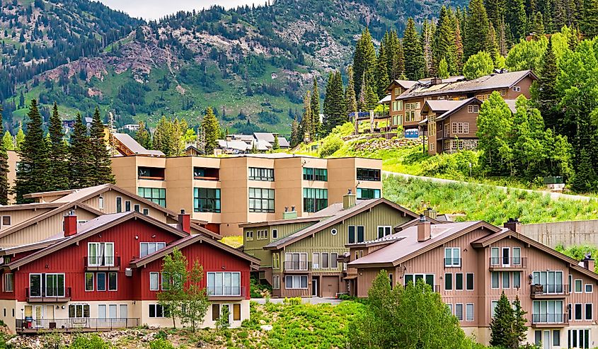Cityscape view of small ski resort town village from Albion Basin, Utah