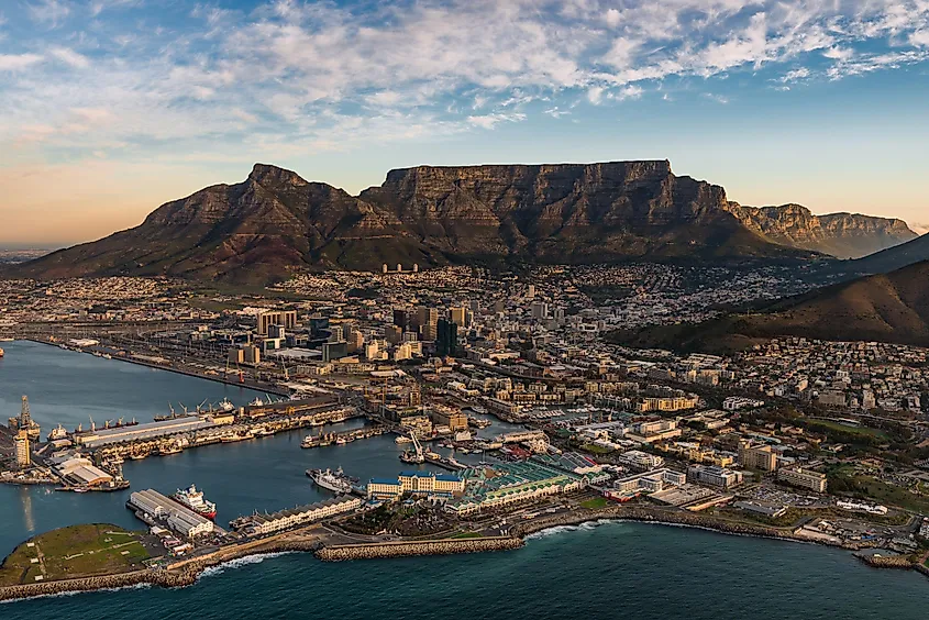 Table Mountain's flat summit, seen from off the coast of Cape Town, South Africa.