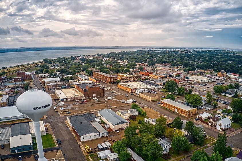 Aerial View of Downtown Mobridge, South Dakota, on the Missouri River.