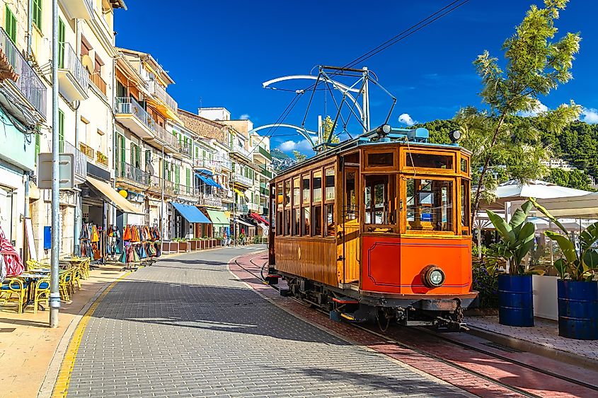 The famous orange tram runs from Soller to Port de Soller, Mallorca, Spain