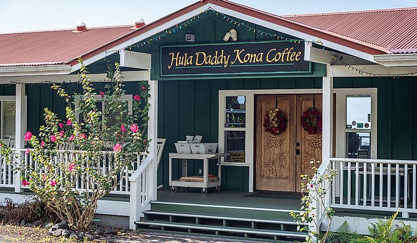 A photo of the entrance at the Hula Daddy coffee plantation shop.