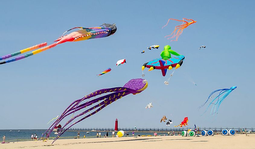 Flying kites at the Michigan Kite Fest at Grand Haven State Park, Michigan