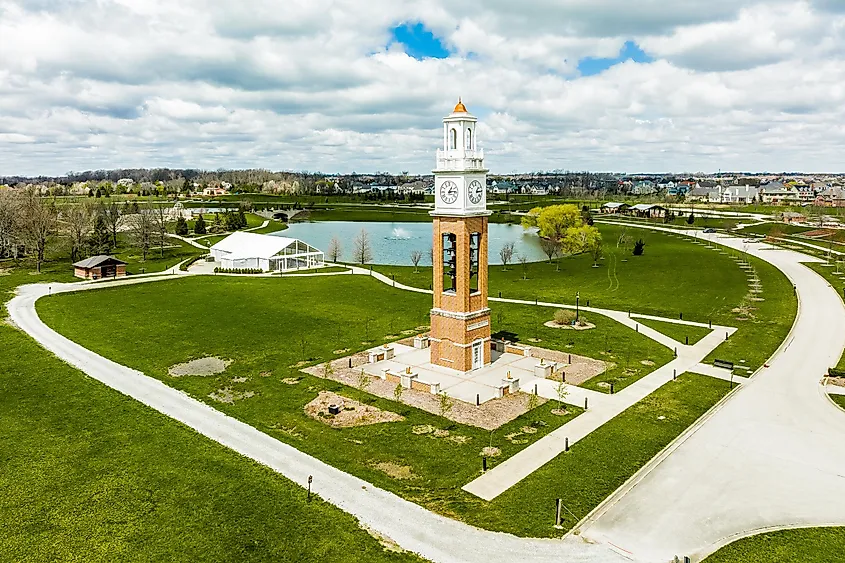 An aerial view of local park Coxhall Gardens in Carmel Indiana