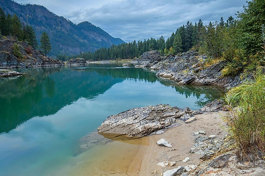 The scenic and calm section of the Clark Fork River just outside of Thompson Falls, Montana.