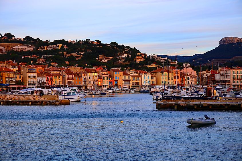 Sunset time in the port of Cassis, France
