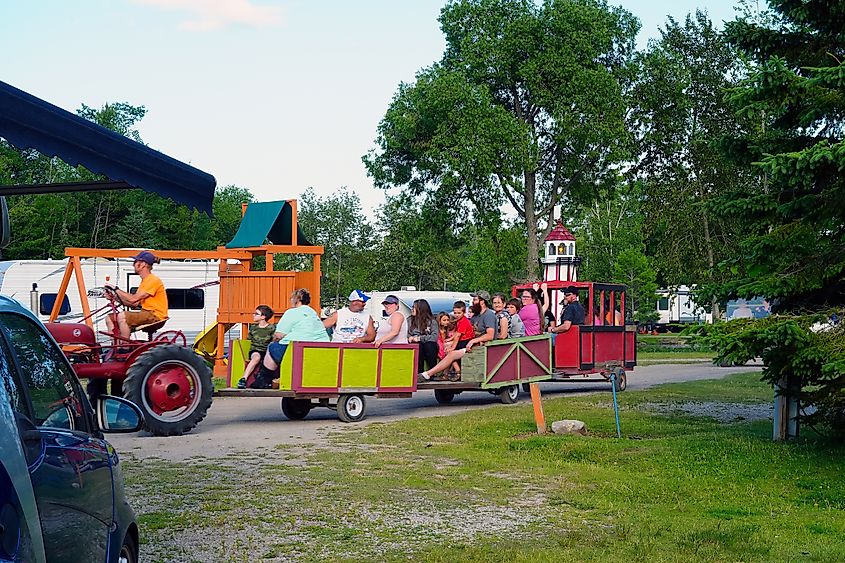 Visitors take a tractor ride in Alpena, Michigan.
