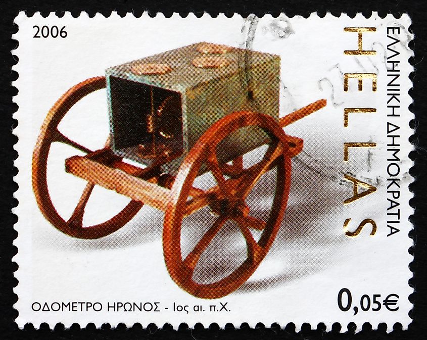 GREECE - CIRCA 2006: a stamp printed in the Greece shows Odometer, by Hero of Alexandria, Ancient Greek Technology, circa 2006