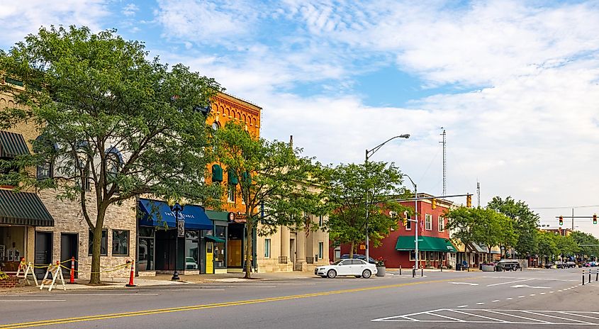 The business district on Main Street in Goshen, Indiana, via Roberto Galan / iStock.com