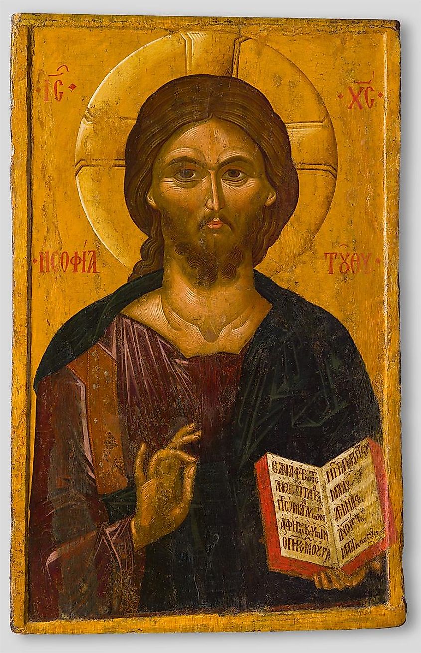 Icon of Christ Pantokrator – Omnipotent,  late 14th century, Dimensions:  Height 157 cm; length 105 cm; width 5 cm, wood, egg tempera, via the Museum of Byzantine Culture, Thessaloniki