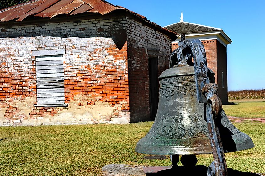 Beautifully engraved bell sits outside Lakeport Plantation near Lake Village, Arkansas