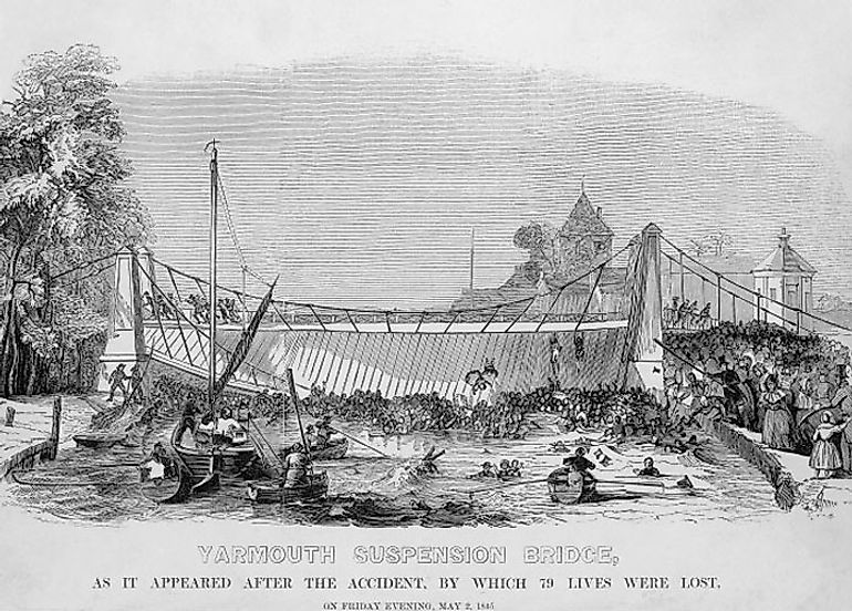 Original image caption reads: "Yarmouth suspension Bridge As It Appeared After The Accident" Image Souce: Public Domain, Wikipedia, broadlandmemories.co.uk