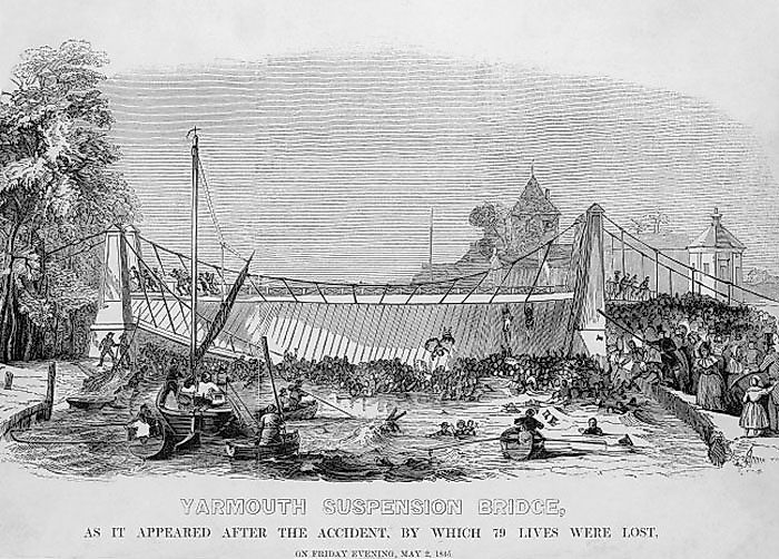 Original image caption reads: "Yarmouth suspension Bridge As It Appeared After The Accident" Image Souce: Public Domain, Wikipedia, broadlandmemories.co.uk