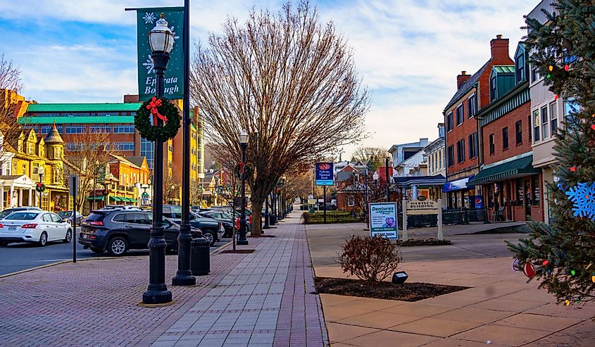 A downtown street scene of the business district in the Borough in Lancaster County, Ephrata, Pennsylvania