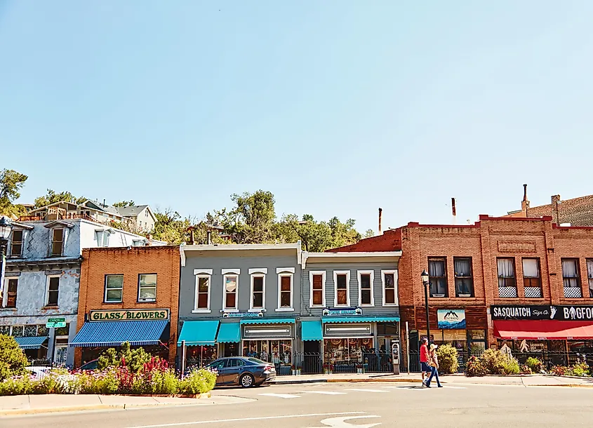 The historic main street of Manitou Springs, Colorado, at the foot of Pikes Peak