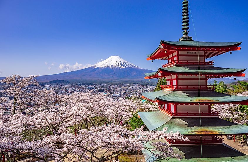 View of Chureito Red Pagoda and Mount Fuji.