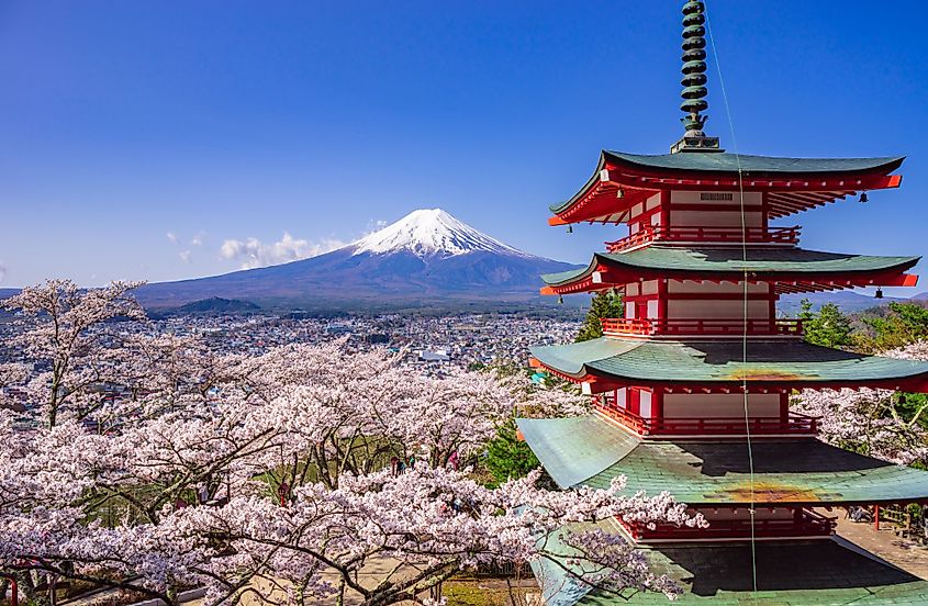 View of Chureito Red Pagoda and Mount Fuji.