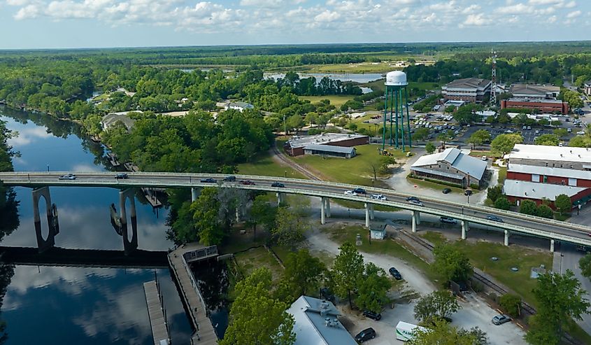 Aerial view of a small town called Conway, located outside of Myrtle Beach, South Carolina.