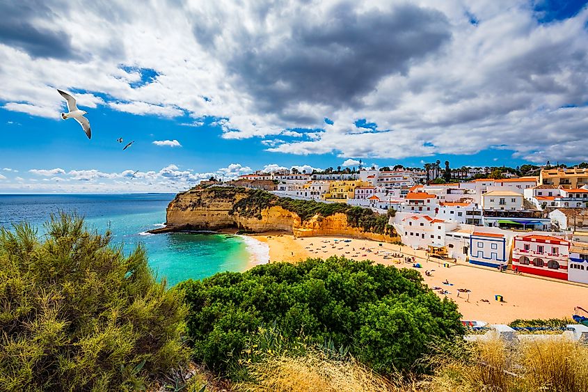 View of the beach at the fishing village of Carvoeiro, Portugal.