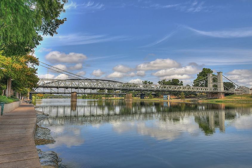 The historic suspension bridge over the Brazos River in Waco, Texas