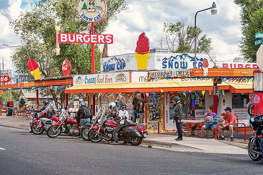 Bikers rest at a burger joint on Historic Route 66 in Seligman Arizona