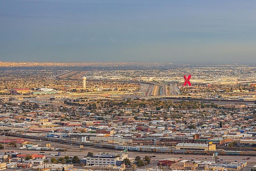 High angle view of the beautiful El Paso city and Ciudad Juarez of Mexico from the overlook