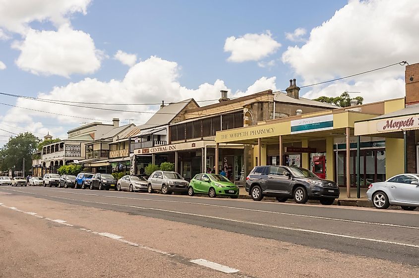 The heritage streetscape of Swan Street in Morpeth, a suburb of Maitland in the Hunter Region, New South Wales