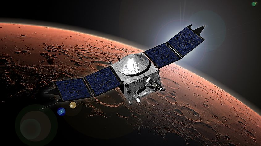 Artist's concept of NASA's MAVEN spacecraft orbiting Mars.