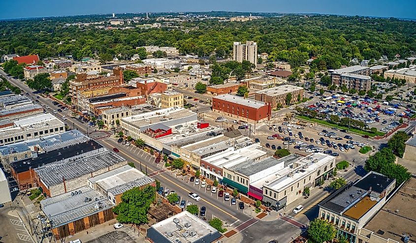 Aerial View of the College Town of Manhattan, Kansas in Summer