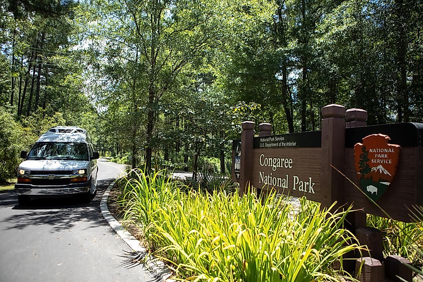 White Camper Van at Congaree National Park entrance, via Cavan-Images / Shutterstock.com