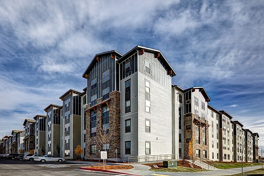 View of new multi-family apartments designed for university students in Rexburg, Idaho, USA.