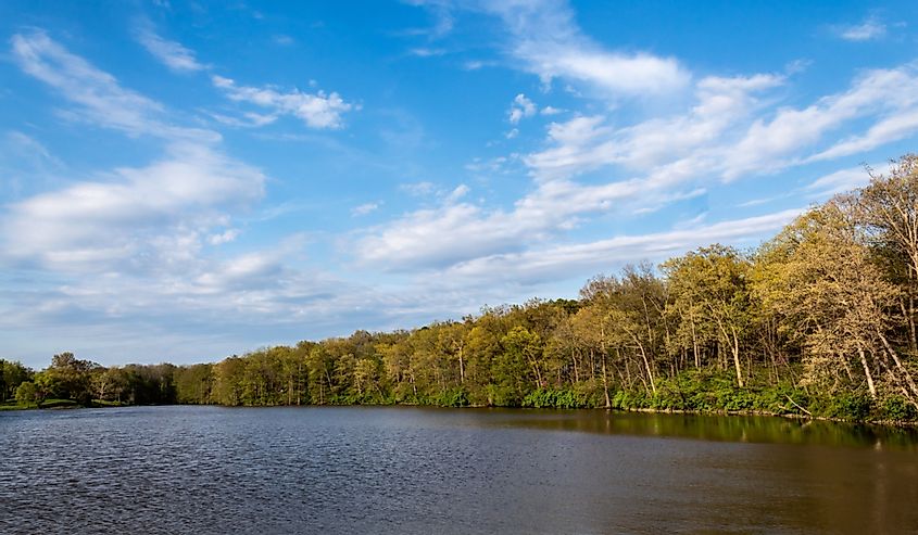 Beautiful scenic view from the West dam on Patriot`s Park Lake, near Greenville, IL. Formerly Old City Lake, constructed in 1933, is a centerpiece resource in Bond County.