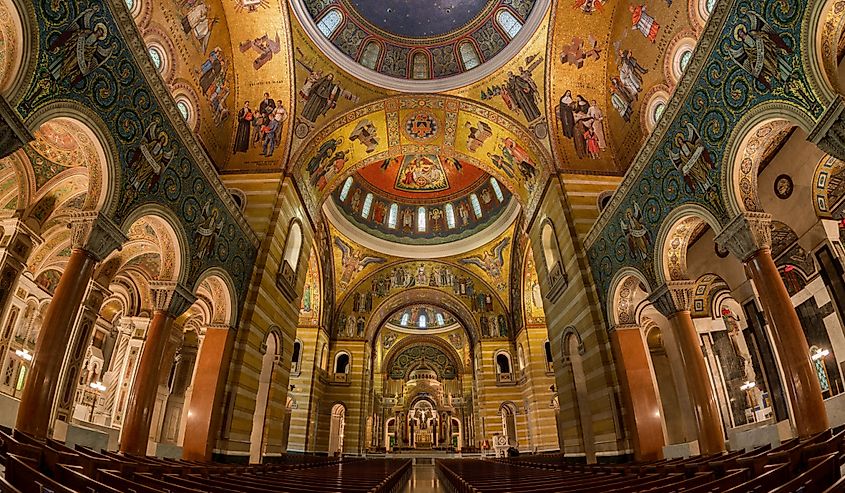 The mosaic-covered sanctuary of the Cathedral Basilica of Saint Louis, Missouri.