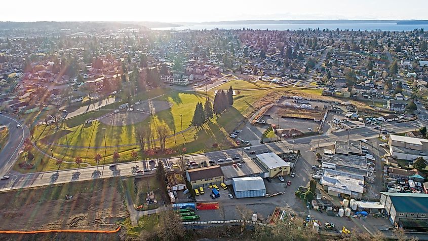 Everett, Washington, Sunny Day Aerial City View.