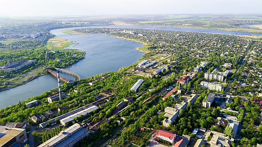 Aerial view of a river port in Mykolaiv, Mykolaiv Oblast, Ukraine. 