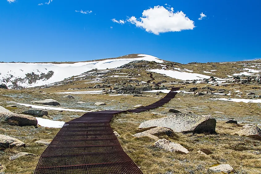 The walking track to Mount Kosciuszko in Kosciuszko National Park.