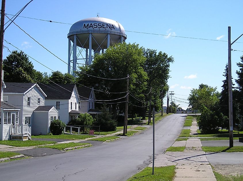  The town's water tower, By Gary Stevens - Flickr: Massena, NY 2005, CC BY 2.0, https://commons.wikimedia.org/w/index.php?curid=23107867