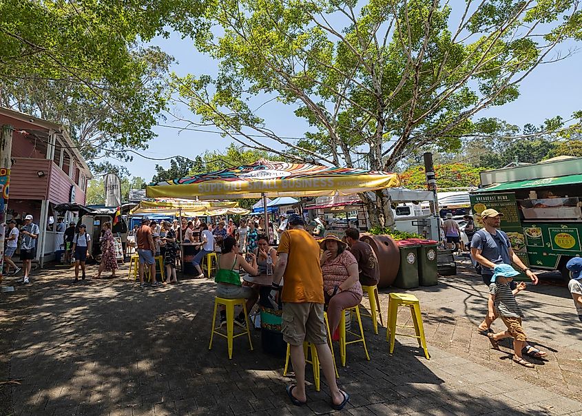 Customers visit the bi-weekly market stalls in Eumundi in Queensland