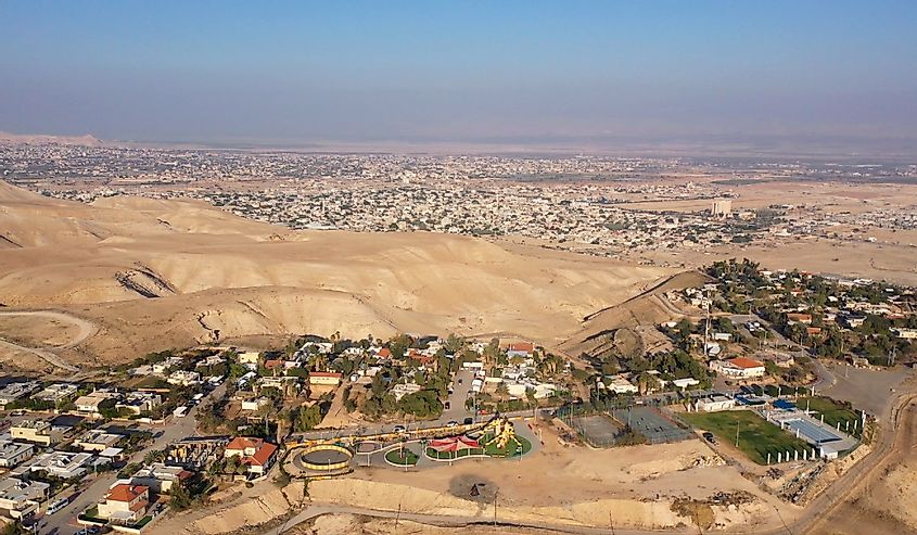 Palestine Jericho City And Israeli Village, Aerial view Drone view from dead sea city of Jericho and vered yericho, Jordan Valley,