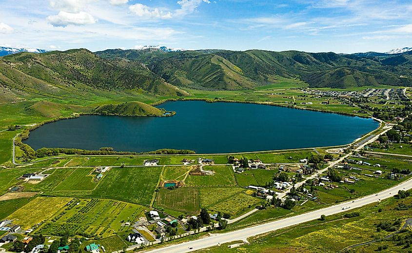 Aerial photograph of Mantua Reservoir, Utah.