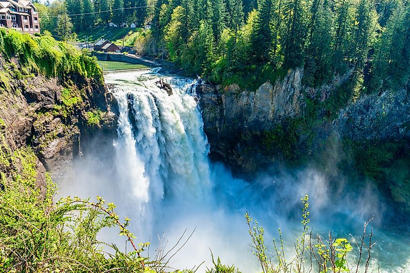 View of Snoqualmie Falls on a powerful day in Washington State.