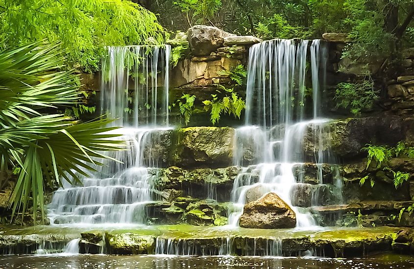 A waterfall in the prehistoric park at Zilker Botanical Garden in Austin, Texas