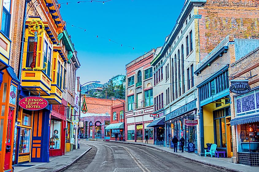 Buildings lining Main Street in Bisbee, Arizona.